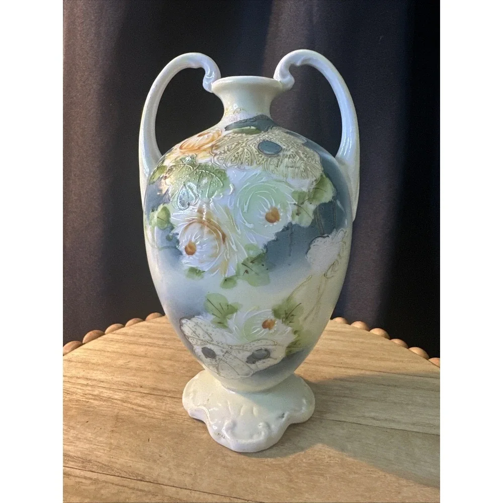 Nippon Double Handle Vase Blue Green yellow Flowers Antique